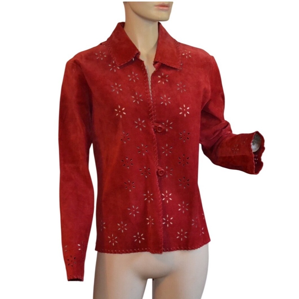 Coldwater Creek Red Suede Leather Jacket‎ Floral Laser Cut Whipstitch Womens M